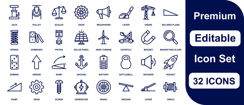 Physics and simple machines line icons, 32 science and mechanics vector icon set, editable stroke educational symbols