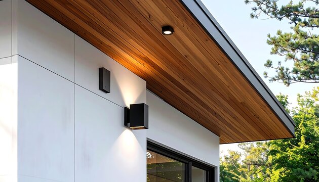 Architectural close-up of a modern house exterior featuring a wooden soffit overhang, white stucco wall, and black outdoor sconce lighting.