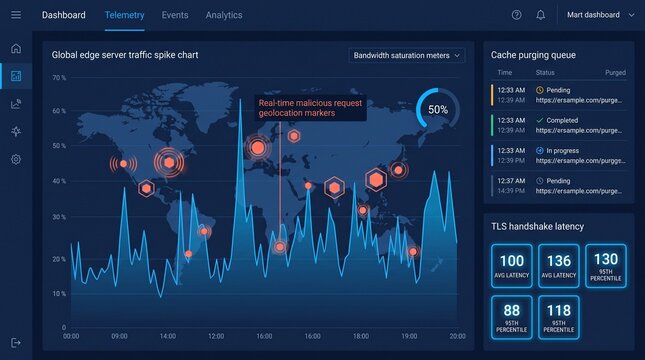 Global edge server traffic and security dashboard UI interface