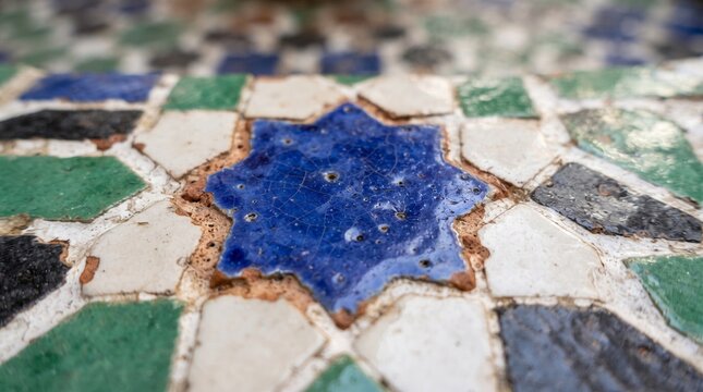 Generated with AI. Close up detail of eight pointed star blue zellige ceramic tile piece set among green and white mosaic tiles.