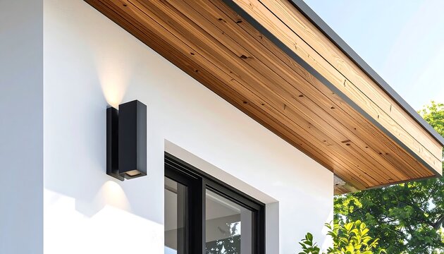 Architectural close-up of a modern house exterior featuring a wooden soffit overhang, white stucco wall, and black outdoor sconce lighting.