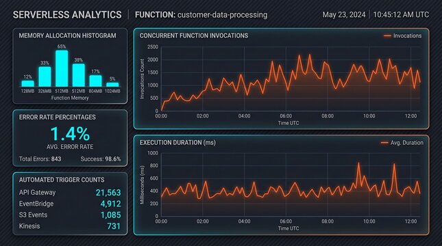 Serverless analytics dashboard displaying cloud computing metrics