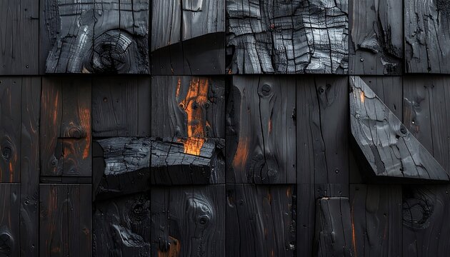 Straight-on close-up view of charred dark wood wall panels created with traditional Shou Sugi Ban Yakisugi technique. Deep cracked charcoal textures, rustic timber grain, and subtle warm orange undert