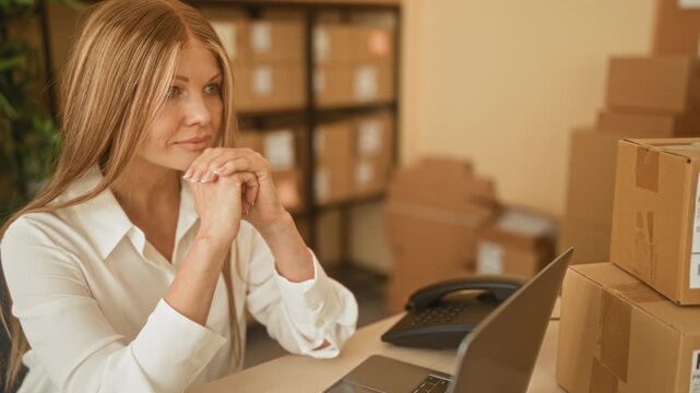 Woman with clasped hands under chin at laptop and parcels in a small business packing area inside a building; thoughtful focus.