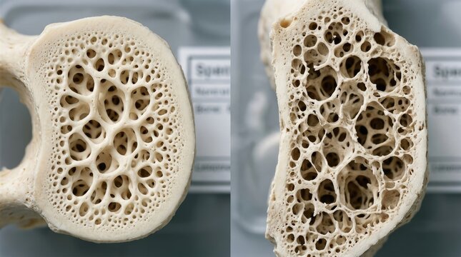 Osseous density disorder: osteoporosis, normal bone, health comparison, fragile structure, diagnose condition, medical study, disease progression, skeletal weakness.