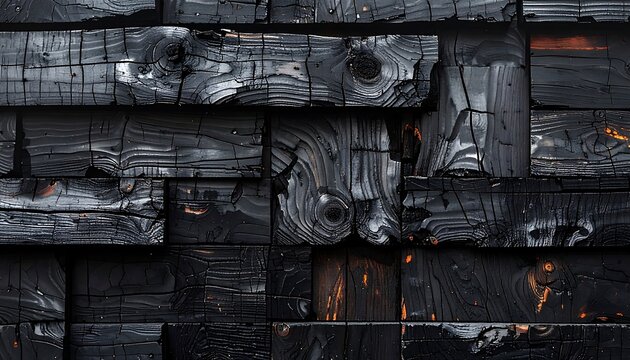 Straight-on close-up view of charred dark wood wall panels created with traditional Shou Sugi Ban Yakisugi technique. Deep cracked charcoal textures, rustic timber grain, and subtle warm orange undert