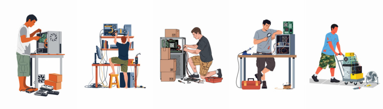 A collection of illustrations showing technicians repairing, assembling, and transporting computer hardware and electronic components in different work environments.