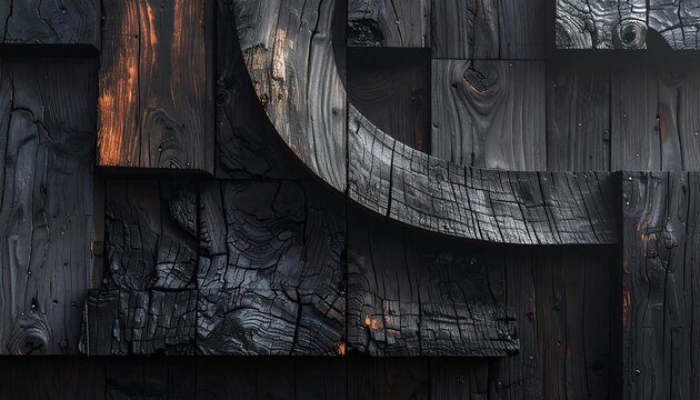 Straight-on close-up view of charred dark wood wall panels created with traditional Shou Sugi Ban Yakisugi technique. Deep cracked charcoal textures, rustic timber grain, and subtle warm orange undert