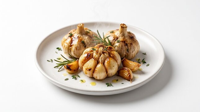 Roasted garlic bulbs with rosemary on white plate, gourmet baked garlic cloves with herbs, culinary seasoning for food blog isolated on White Background