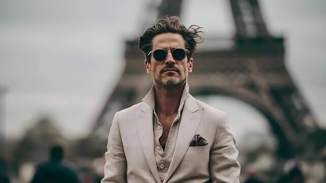 Paris, France, Europe. A portrait of a man standing in front of the Eiffel Tower in Paris, France. He wears a light beige suit with a crisp white shirt and a pocket square.