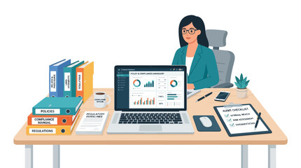 Fototapeta premium A Professional Woman Working on Compliance Audits at Her Organized Office Desk with Financial Data Charts on Laptop Screen