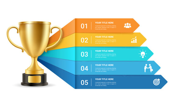 Trophy Achievement Infographic Template with Five Step Business Success Process and Colorful Arrow Timeline
