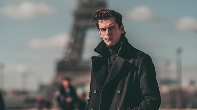 Paris, France, Europe. A portrait of a young man in a contemplative pose, standing in front of the Eiffel Tower. He wears a dark, doublebreasted coat with a high collar and a cigarette in his mouth.