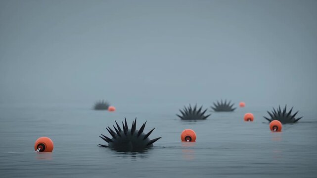 Naval mine, ocean and orange buoys in misty water for military defense, naval warfare and sea security. Underwater threat, explosives and weapon with floating bomb, marine surveillance and risk area.