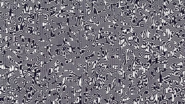 Glitch noise lines ripple horizontally over a dense monochrome raster in a rhythmic 3D animation loop suited for techno stage backdrops and electronic music events
