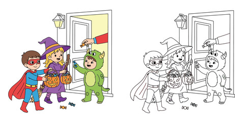 Fototapeta premium Cute cartoon kids trick or treating at door in Halloween costumes vector set with colored scene and black and white coloring page outline.