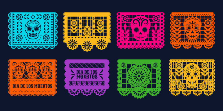 Set of paper flags for traditional Mexican papel picado garland. Mexican national holiday, Day of the Dead, dia de los Muertos. Papel picado cutting templates, festive paper bunting flags.