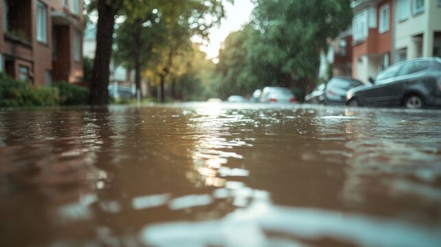 A residential street flooded after heavy rains, an impact of climate change. generative ai