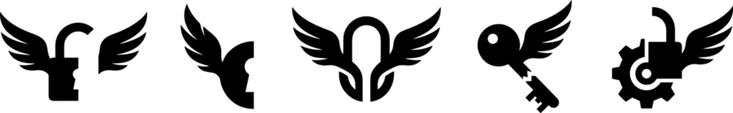 Collection of creative logo icons featuring locks and keys with wings