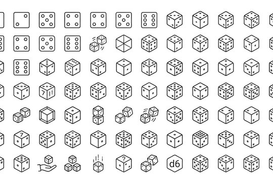 Dice Icon Vector Set with Six Sided Playing Cubes and Thin Line Game Symbols