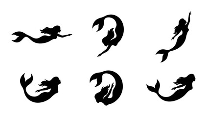 Fototapeta premium Six Black Silhouette Mermaid Icons, Mythical Sea Creatures, Underwater Fantasy Figures, Vector Graphics for Design