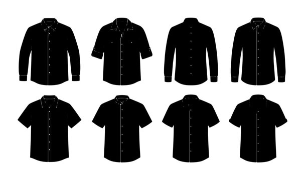 Black Button-Down Shirts Collection, Long Sleeve and Short Sleeve Styles, Minimalist Vector Icons for Fashion and Apparel Design