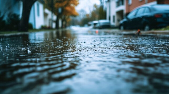 A residential street flooded after heavy rains, an impact of climate change. generative ai
