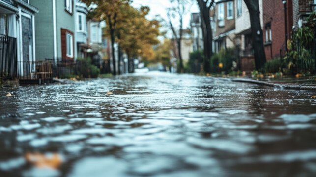 A residential street flooded after heavy rains, an impact of climate change. generative ai