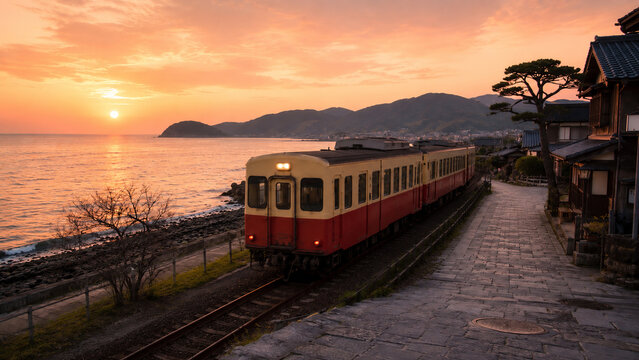 Japanese Coastal Railway at Sunset with Seaside Local Train and Stone Paved Street
