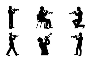 Trumpet Player Silhouettes, Musician Performance Set, Jazz Band Brass Instrument Vector Icons, Classical Music Performance © Rahim