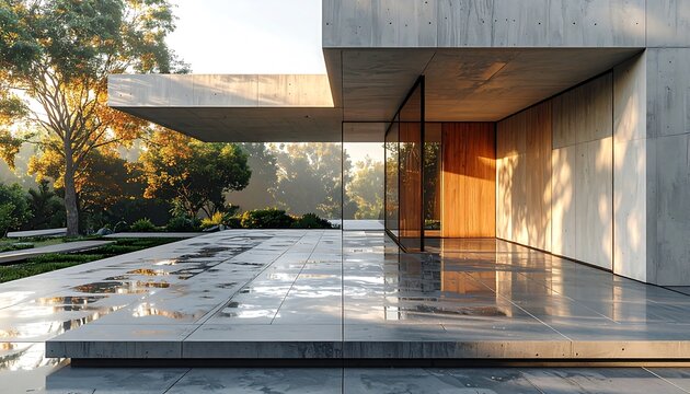 Straight-on eye-level view of a modern one-story luxury home entrance featuring a large wooden front door, flat roofline, warm wooden ceiling soffit, and beige concrete walls. Stone entrance steps, pa