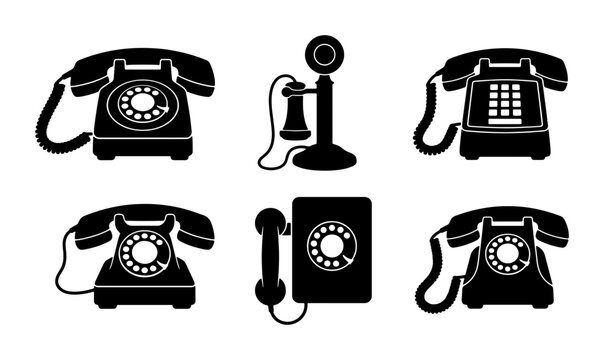 Retro Rotary Dial Telephones, Vintage Communication Devices, Classic Phone Icons Set, Old Fashioned Technology Graphics