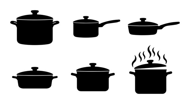 Set of 6 Black Cooking Pots and Pans Icons, Kitchenware Silhouettes for Culinary Design, Food Preparation Vector Graphics