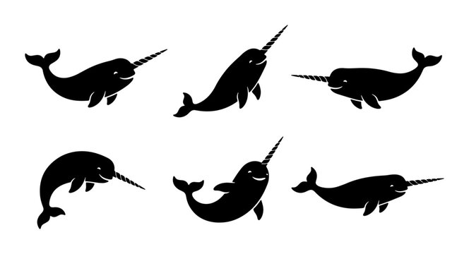 Narwhal Silhouettes Collection, Arctic Marine Mammal Icons, Whimsical Unicorn Whale Vector Set, Simple Black and White Ocean Creature Graphics