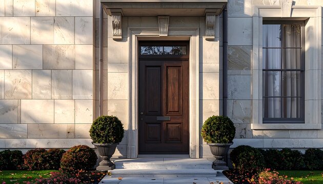 Straight-on eye-level view of a classic luxury estate entrance featuring a dark wooden front door with transom window, carved stone portico, and beige limestone wall cladding. Symmetrical potted topia