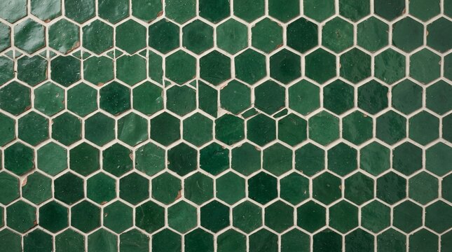 Generated with AI Moroccan zellige ceramic wall tile texture in glossy dark green hexagonal pattern arranged tightly and consistently