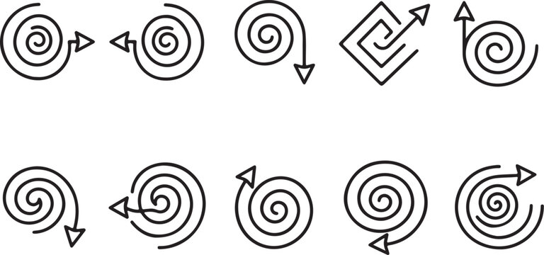 Varied geometric swirls and directional arrows forming a cohesive pattern system for branding and UI design projects.