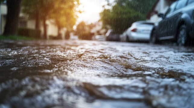 A residential street flooded after heavy rains, an impact of climate change. generative ai