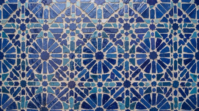 Generated with AI Traditional Moroccan zellige mosaic wall featuring geometric star ceramic tile arrangements in light and dark blue.