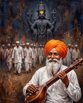 Expressive textured oil painting of an Indian Warkari playing a veena with Lord Vitthal and a pilgrim procession