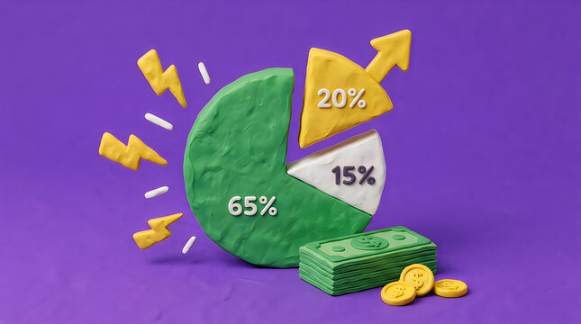 Claymation financial pie chart with growth indicators and money