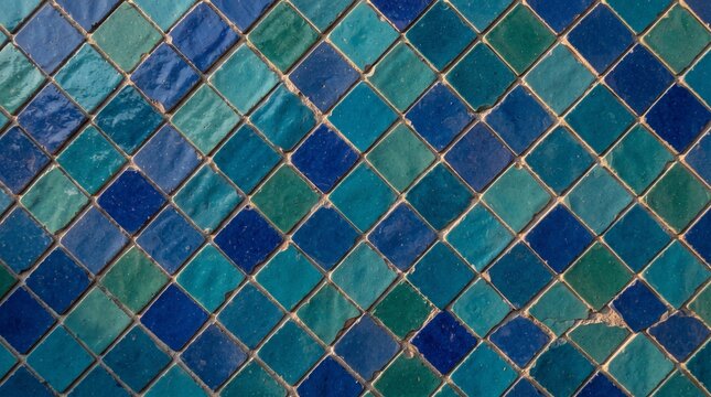 Generated with AI Shiny diagonal square zellige ceramic mosaic tiles arranged in alternating dark blue and teal turquoise colors.