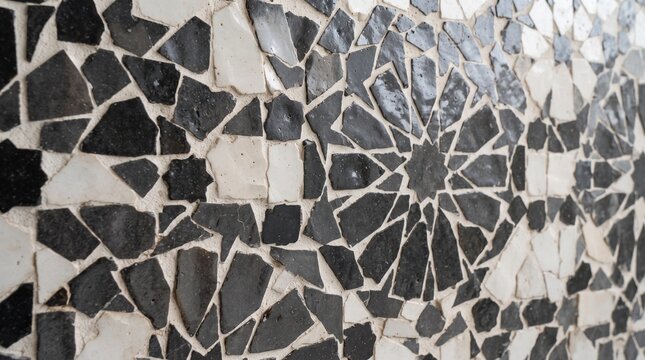 Generated with AI Moroccan black and white zellige mosaic texture made of ceramic tiles forming traditional geometric patterns