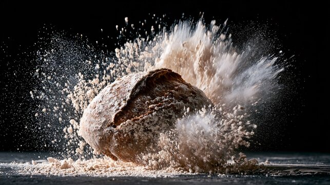 A dramatic flour explosion shot featuring rustic bread surrounded by airborne flour particles captured in frozen motion