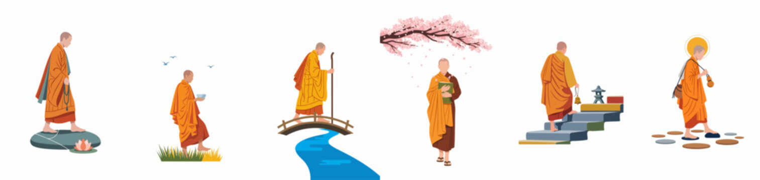 Set of vector illustrations featuring Buddhist monks in orange robes engaged in activities like walking, crossing a bridge, and standing under cherry blossoms.