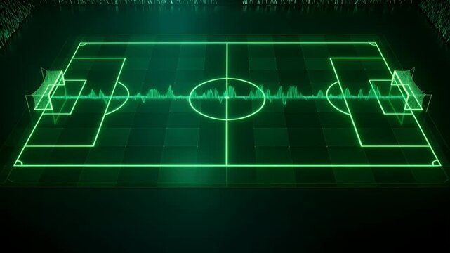 Football, soccer field and neon digital stadium for sports analytics, data betting and match strategy. Green glow, technology and virtual game with pitch, goal post and electronic grid backdrop.