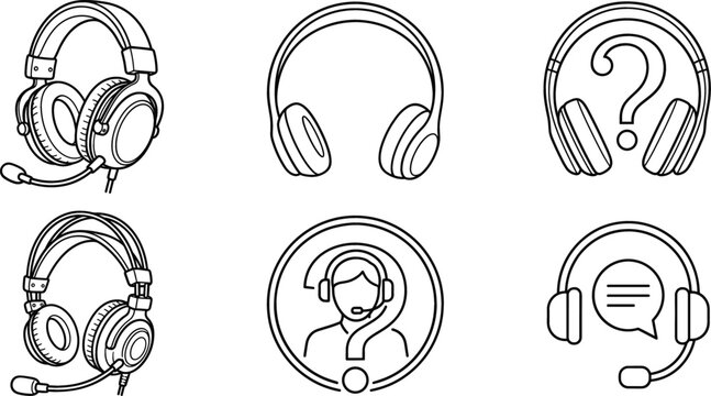 Headset and customer support vector line icon set featuring headphones microphone question mark agent operator and chat bubble