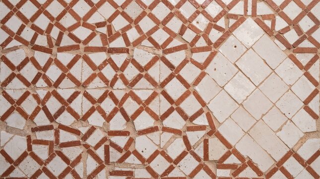 Tekstur mosaik keramik zellige berpola geometris warna terakota dan putih