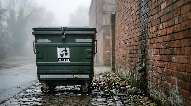 Green industrial waste bin on cobblestone alley.
