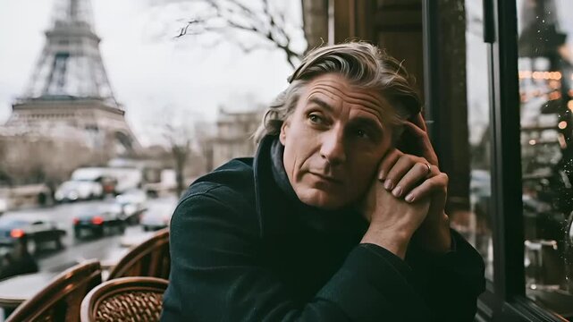 Paris, France, Europe. A contemplative man sits at a table in a Parisian cafe, gazing out the window at the Eiffel Tower. He wears a dark jacket and has a contemplative expression.
